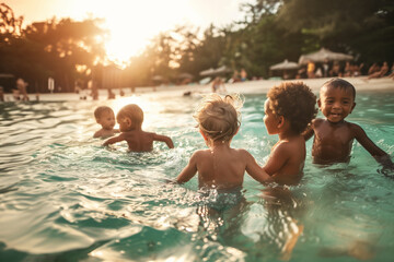 Young children from different backgrounds having a great time on a beach at sunset. The warm light creates a beautiful and serene atmosphere as the children enjoy their playtime in the water.