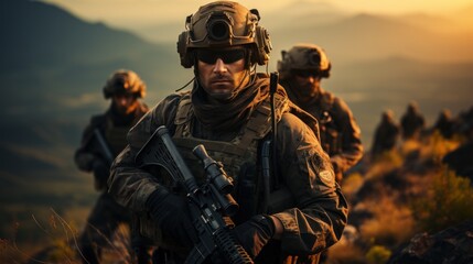Fototapeta premium A group of soldiers with tactical gear walks in formation at dusk with a mountainous background