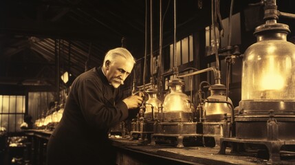 Obraz premium A vintage scene with a scientist examining antique lamps in a workshop environment