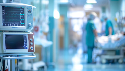 a detailed image of a hospital room with medical equipment and a patient bed, while the blurred background shows healthcare professionals working, Interior, hospital, indoor, blurr