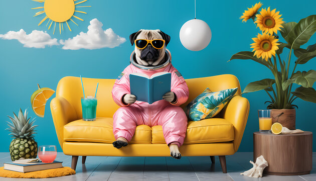 This quirky image of a pug astronaut cozily reading in a bright living room evokes a humorous aesthetics and an artistic card of leisure and comfort