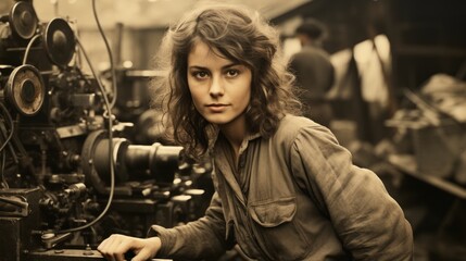 Vintage-styled young woman operating machinery in a historical industrial setting