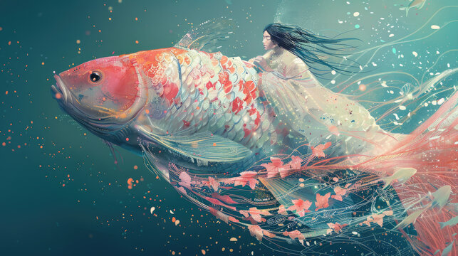 Big wonderful fish with a woman sitting on it