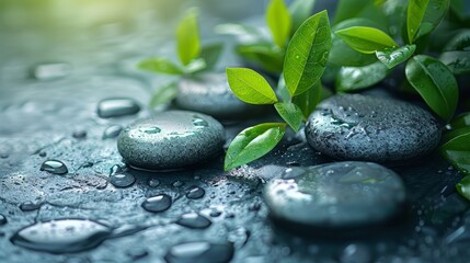  A minimalist background with a close-up of smooth, heated massage stones and natural green leaves, embodying warmth and healing, suitable for a spa's massage therapy room