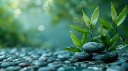  A minimalist background with a close-up of smooth, heated massage stones and natural green leaves, embodying warmth and healing, suitable for a spa's massage therapy room