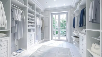 A spacious and elegant white walk-in closet is bathed in natural light streaming through the window.


