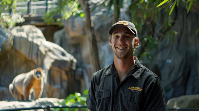 happy hispanic Zookeeper man working at zoo smiling and looking at camera. zoo worker on monkey animals background. safari national park.