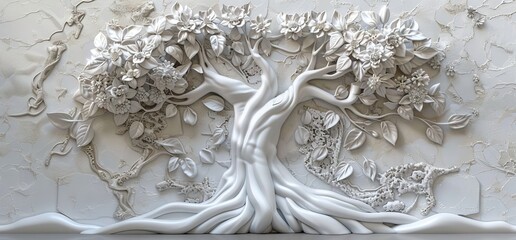 3D relief white tree wallpaper mural wall. AI generated illustration