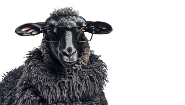 Cool black sheep wear in funny black fur coat from whoole with sunglasses.