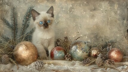   A cat with blue eyes is sitting in front of Christmas balls and pine cones, with pine cones scattered on the ground - Powered by Adobe