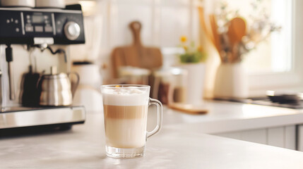 Glass mug with Latte on a white kitchen table against the background of a white kitchen with a coffee machine next to it. Homemade coffee, copy space.