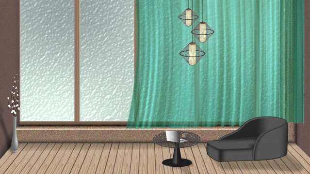 The Room with Opening Curtains and Large Glass Windows, Viewing Trees Change through the Four Seasons from The Window, Blooming Spring, Green Summer, Falling Leaves Autumn, Snowing Winter