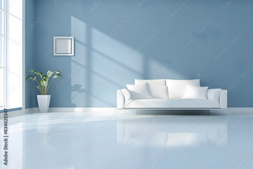 Wall mural modern minimalist living room, trendy blue wall color, interior design, color palette