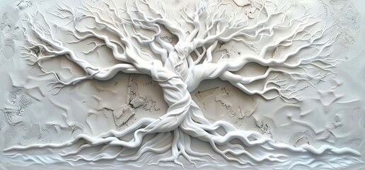 3D relief white tree wallpaper mural wall. AI generated illustration