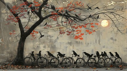   A group of birds perched on top of bikes that were left near a tree with vibrant red foliage