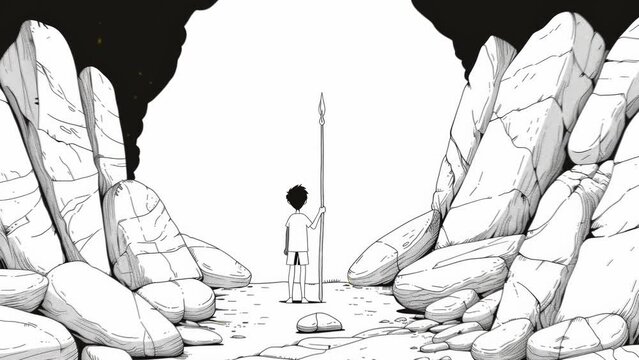 child with spear standing in a cave full of many futuristic stone blocks, digital art style, animation painting. vector animation style. Animations