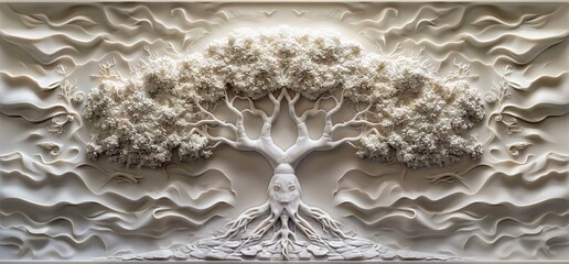 3D relief white tree wallpaper mural wall. AI generated illustration
