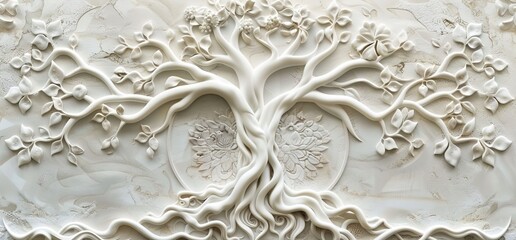 3D relief white tree wallpaper mural wall. AI generated illustration