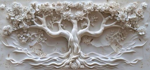 3D relief white tree wallpaper mural wall. AI generated illustration