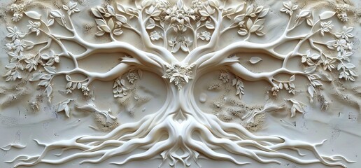 3D relief white tree wallpaper mural wall. AI generated illustration