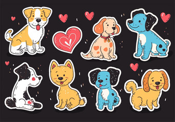 Bright cute funny characters with hearts. A big set of risoprint style stickers with dogs. Illustration Isolated on a black background.