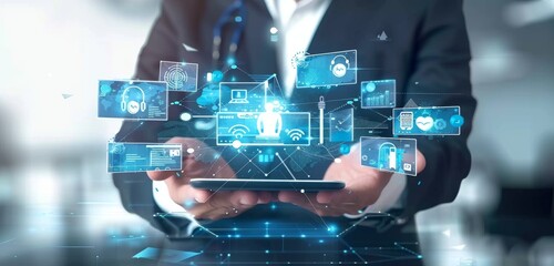 A businessman holding multiple digital devices with medical icons floating above, representing the use of AI in healthcare marketing and online clinic services.
