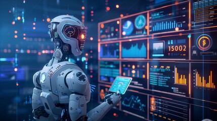 Robot Analyzing Financial Data With Tablet