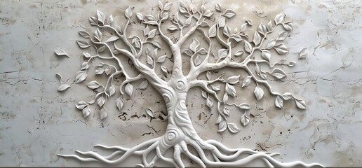 3D relief white tree wallpaper mural wall. AI generated illustration