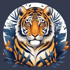 Vibrant Tiger and Leaves Illustration on White Background for Nature Lovers Generative AI