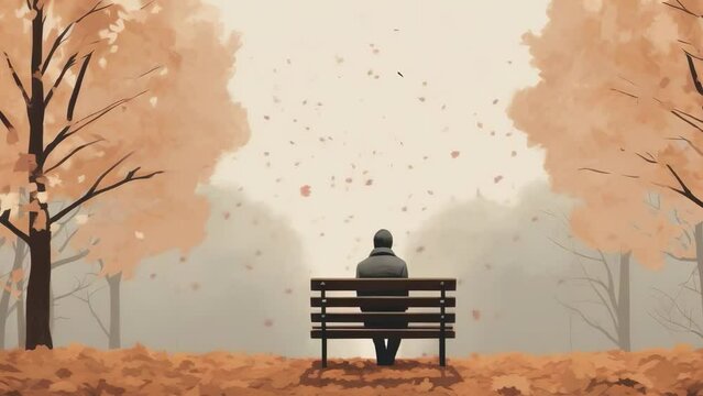 An individual sits on a bench surrounded by autumn foliage in a serene park. The person is dressed warmly as leaves fall. The scene appears to be set in the early morning with a contemplative mood.