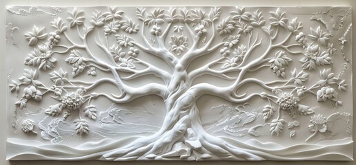 3D relief white tree wallpaper mural wall. AI generated illustration