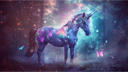 a fantastical unicorn with a coat that appears to be a canvas of the night sky, filled with stars and nebulae