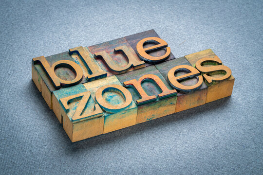 blue zones, areas with high life expectancy due to healthy lifestyle practices, word abstract in vintage letterpress wood type on art paper