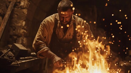Blacksmith Retrieving Red-Hot Iron Rod
