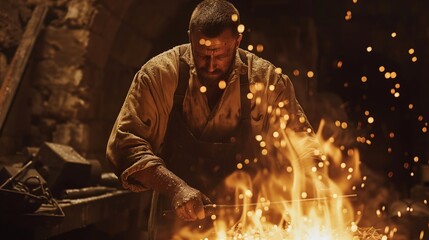 Blacksmith Retrieving Red-Hot Iron Rod - Powered by Adobe