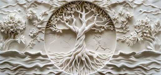 3D relief white tree wallpaper mural wall. AI generated illustration