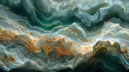  An abstract wave-and-cloud painting in blue, green, yellow, and white on a black canvas