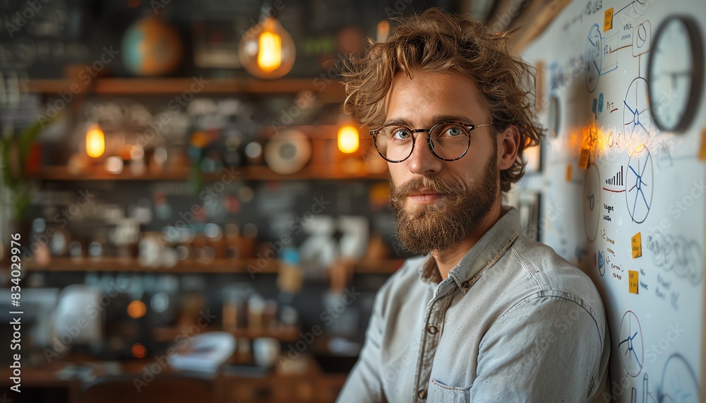 Wall mural A young professional man with curly hair and a beard wearing glasses stands in a modern office space, leaning against a whiteboard with graphs and notes - Wall murals