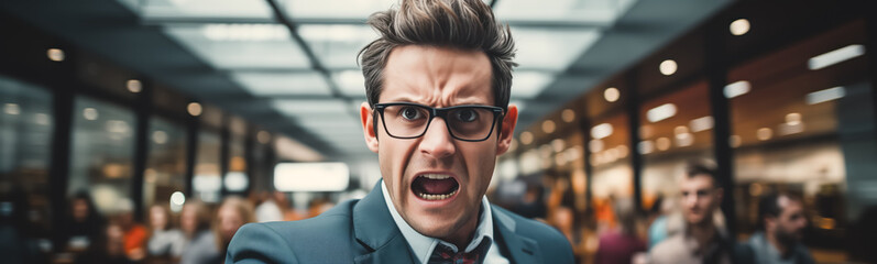 Managers shouting with surprise in office building.