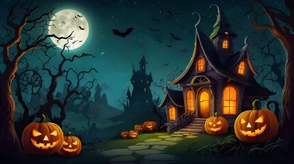 Fototapeta premium A beautiful haunted house Halloween illustration. Generative AI
