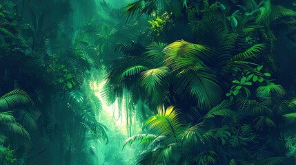 Obraz premium A vibrant depiction of a lush jungle landscape, featuring numerous verdant trees and foliage in the foreground, and a brilliant beam of light emanating from the horizon