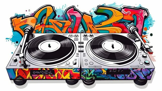 Stylized illustration of a pair of turntables with a vibrant graffiti art design. The turntables are depicted in a side-by-side arrangement, each with a vinyl record on top, and a mixer