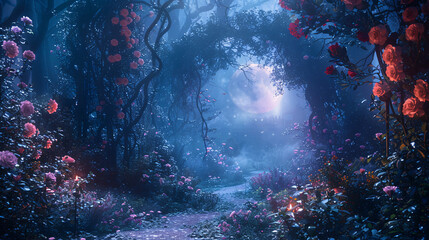 A panoramic view of a surreal garden with twisting vines and fantastical flowers, illuminated by soft moonlight and surrounded by ethereal mist, providing an enchanting background for mystical tales