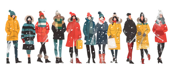 A back view of the group of the  people standing side by side wear in winter clothes.