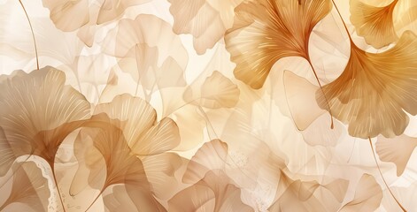 Japanese style line art floral pink pattern with watercolor blossom poppies flowers, leaves and gold lines on watercolor background. AI generated illustration