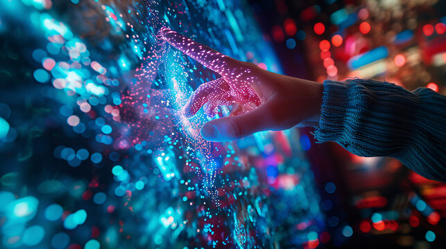 Close-up of a student's hand reaching out to touch a virtual reality interface, with abstract digital projections depicting immersive educational experiences and interactive learning environments in