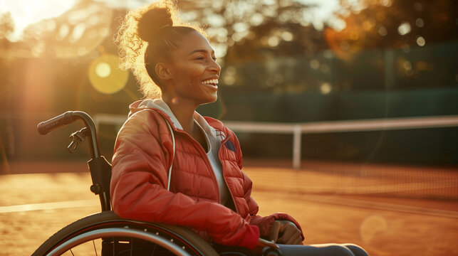 Candid African American black woman smiling and laughing outside in a wheelchair. Disabled woman in a tennis court. Disability in compeititive sport. Diversity and inclusion in sport representation.