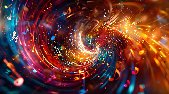 An abstract composition of vibrant musical notes and instruments swirling together in a dynamic display, symbolizing the diverse talents and creativity of musicians in a visually striking