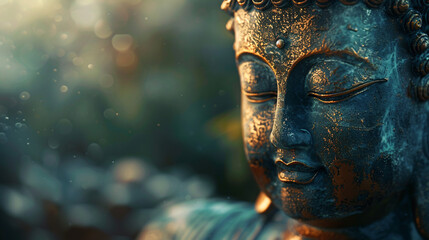 Close-up of a serene Buddha statue bathed in soft light, rendered in abstract form with blurred contours and subtle textures, evoking a sense of transcendence and inner peace in Buddhist philosophy.