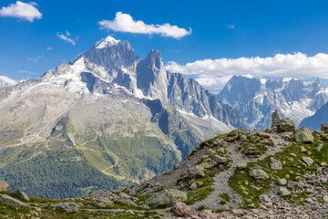 Fototapeta premium Chamonix Montblanc beautiful alpine mountain summits landscape. Alps mountains with snow and glacier above green valley of Chamonix in France. Alps beautiful scenery in summer
